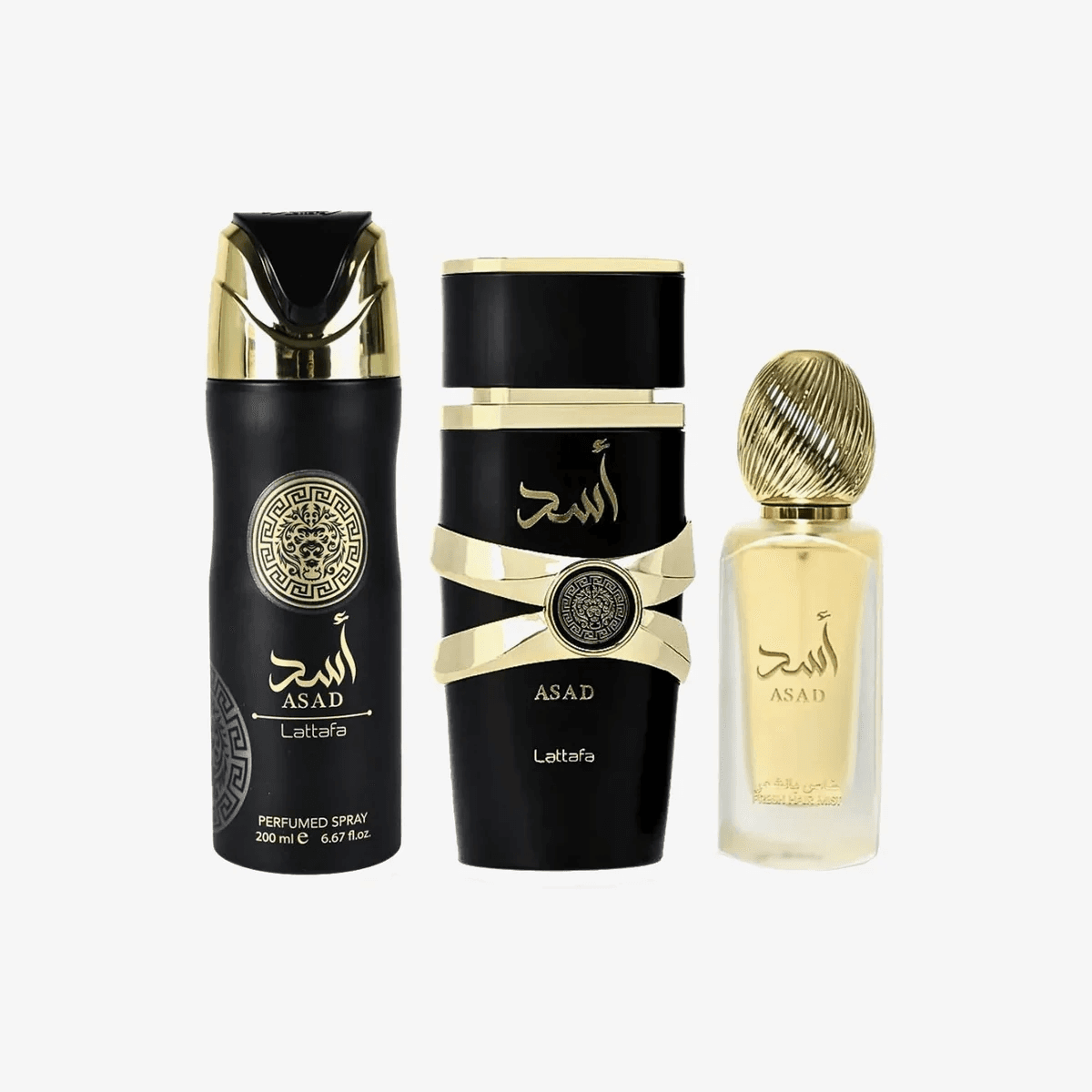 Lattafa Asad – Set de Regalo Hombre (EDP 100 ml + Deo 200 ml + Hair Mist 50 ml)