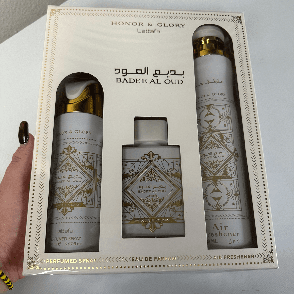 Lattafa Bade’e Al Oud Honor & Glory Set 3 Piezas – EDP + Body Spray + Ambientador