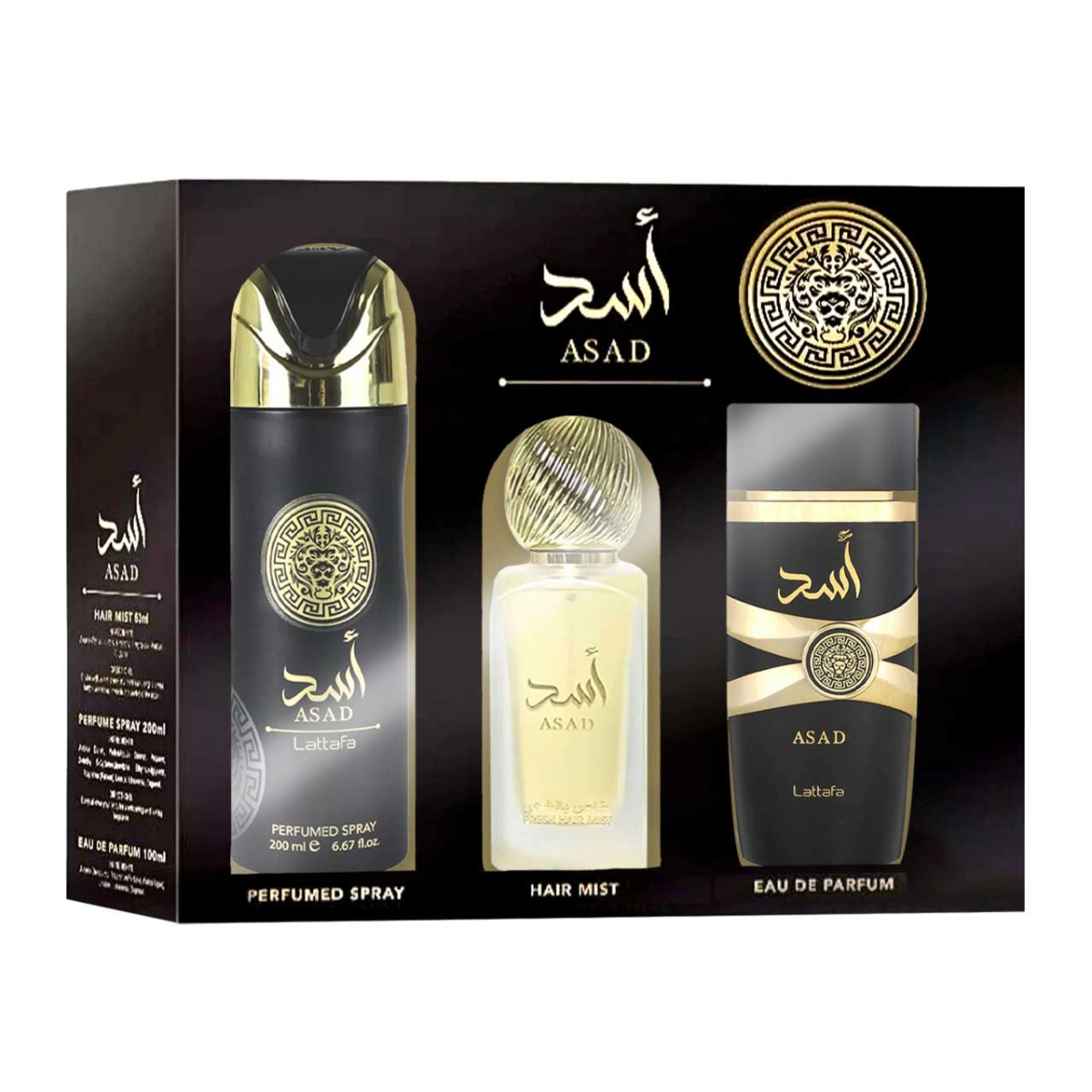 Lattafa Asad – Set de Regalo Hombre (EDP 100 ml + Deo 200 ml + Hair Mist 50 ml)