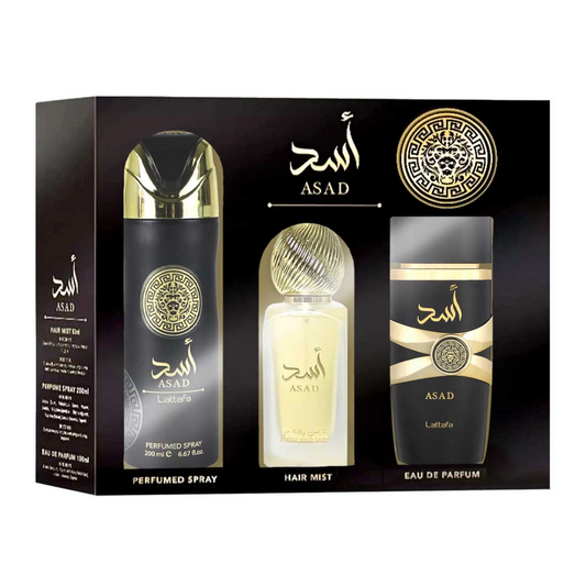 Lattafa Asad – Set de Regalo Hombre (EDP 100 ml + Deo 200 ml + Hair Mist 50 ml)