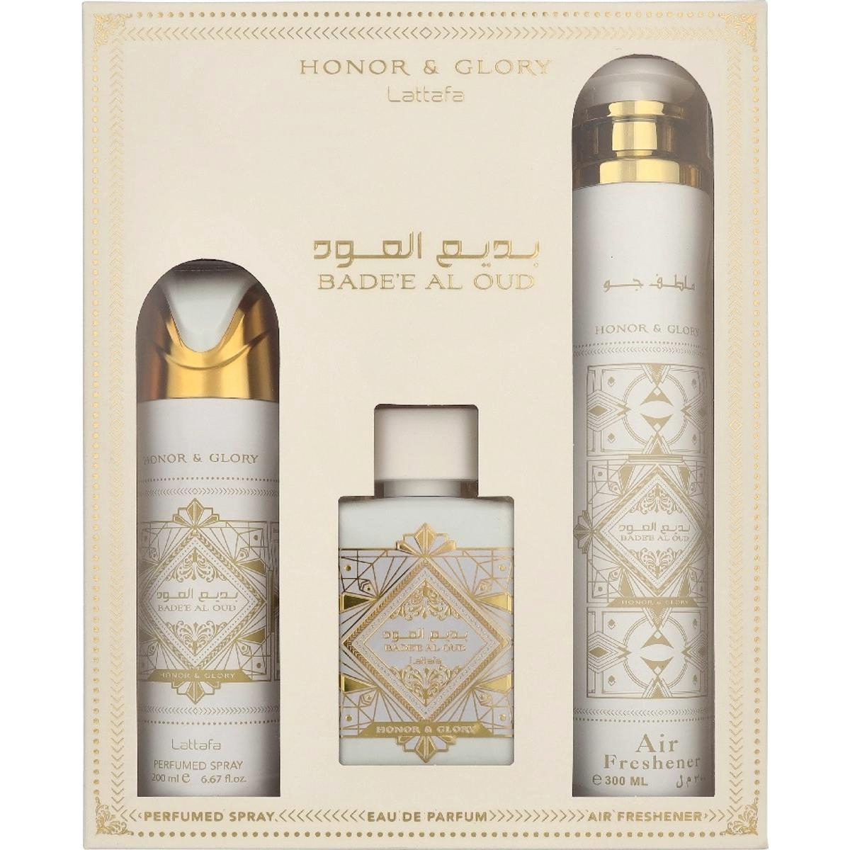 Lattafa Bade’e Al Oud Honor & Glory Set 3 Piezas – EDP + Body Spray + Ambientador