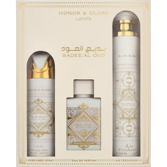 Lattafa Bade’e Al Oud Honor & Glory Set 3 Piezas – EDP + Body Spray + Ambientador