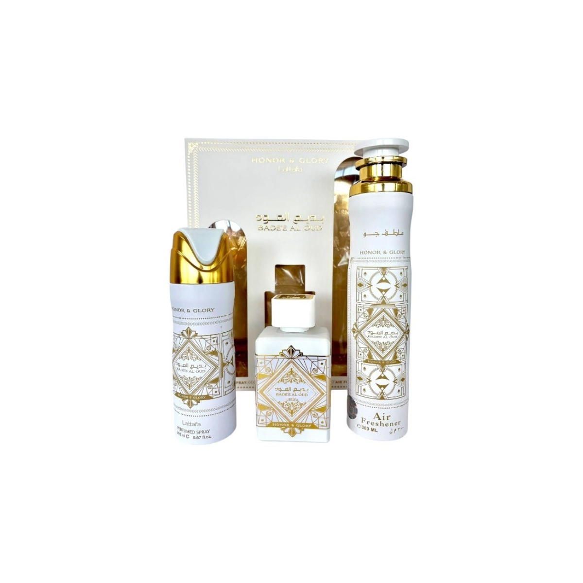 Lattafa Bade’e Al Oud Honor & Glory Set 3 Piezas – EDP + Body Spray + Ambientador